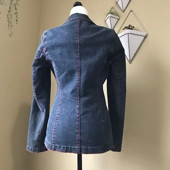 Fitted Collared One Button Denim Blazer/Jacket - Picture 4 of 8